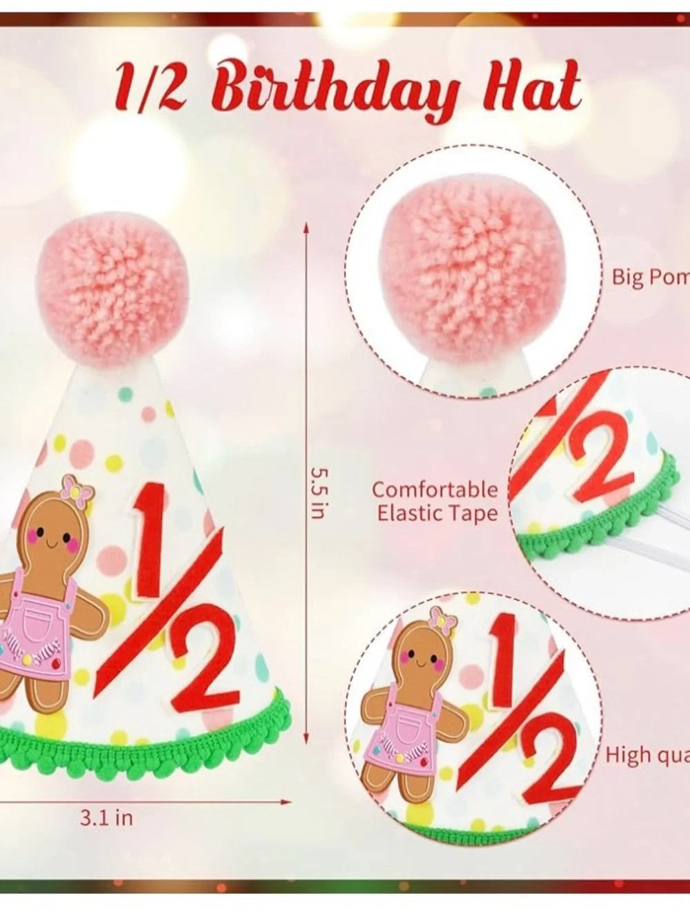 Gingerbread 1/2 Birthday Party Hat, Crib and Banner Set - Pink, Red & Green